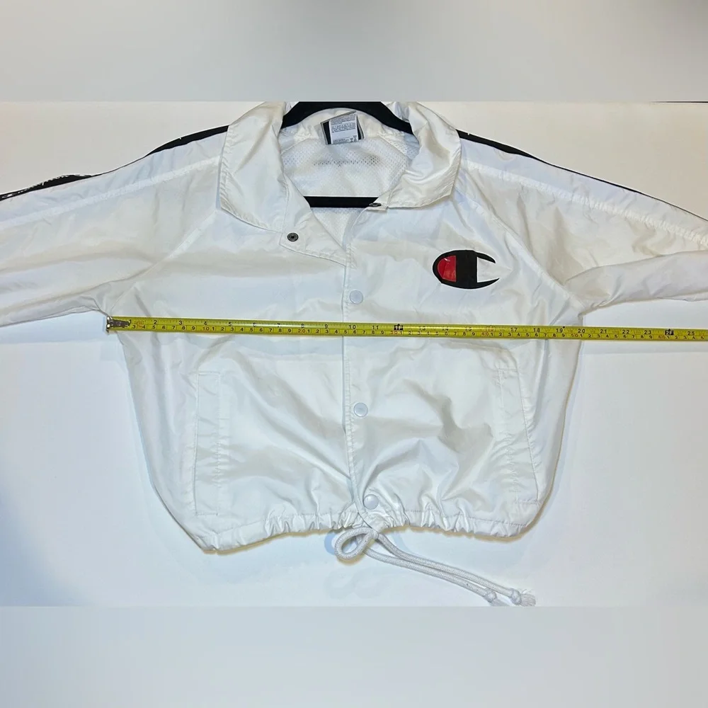 Champion White Windbreaker Jacket Small Womenโs Logo Tape Cropped - Picture 11 of 13